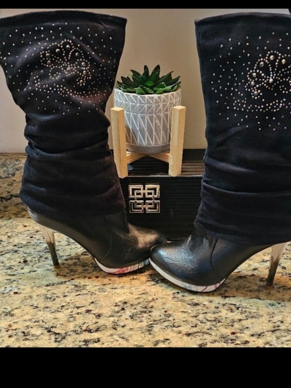 Black Slouchy Rhinestone Mid-Calf Heel Boots